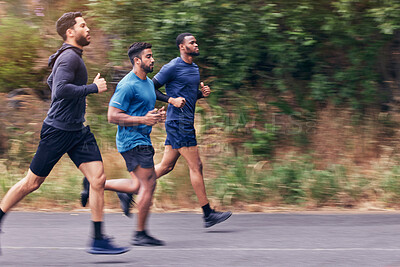 Buy stock photo Running, fitness and men in a road for training, speed and energy, health and cardio routine in nature. Sports, diversity and man friends on practice run for competition, workout or endurance goal