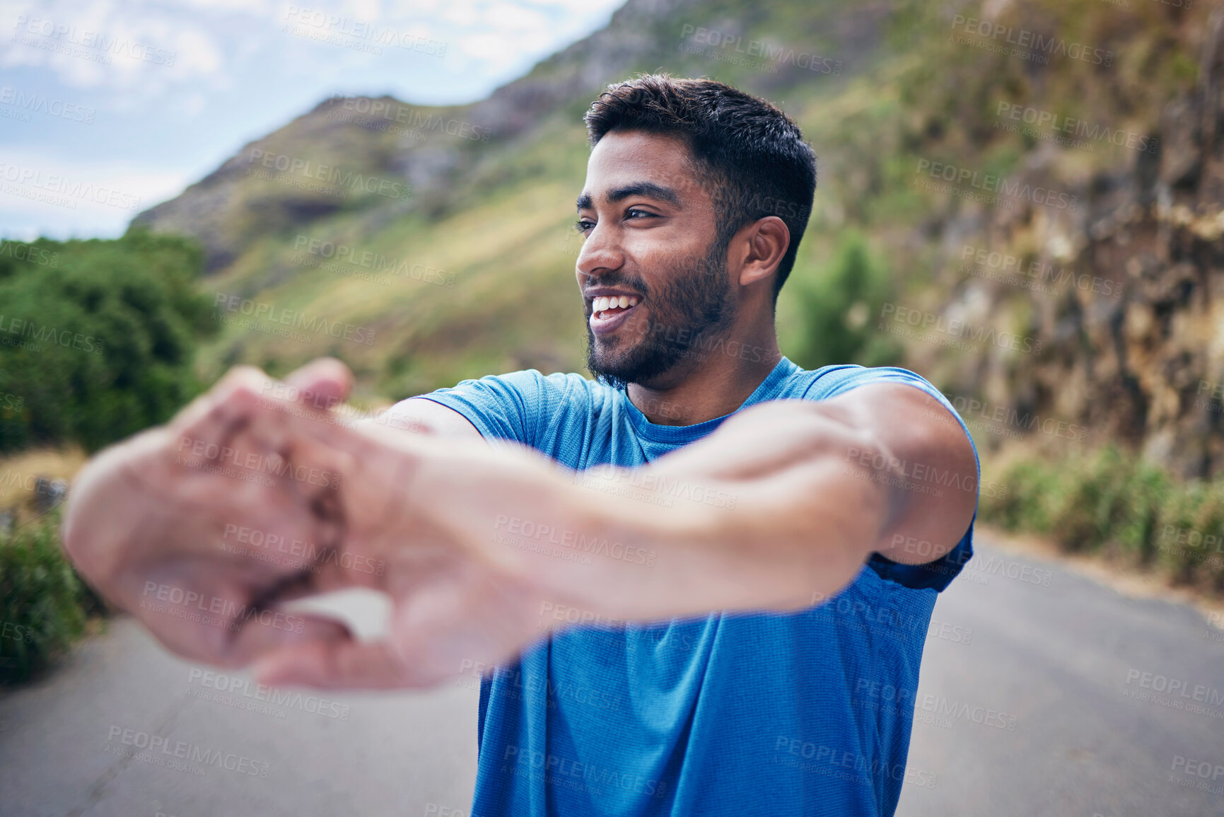 Buy stock photo Hands, stretching and happy in a road for fitness, training or morning cardio routine in nature. Body, stretch and male runner outdoor for health, exercise and running, workout and performance goal