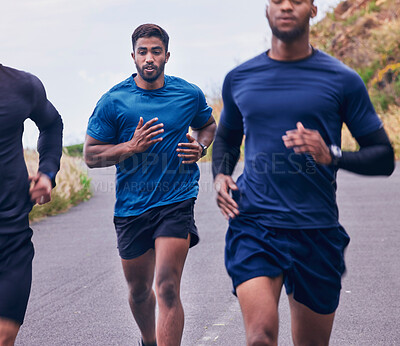 Buy stock photo Running, fitness and men friends in a road for training, speed and energy, health and cardio routine in nature. Sports, diversity and man group on practice run for competition, workout or performance
