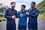 Happy, men laughing and friends with smile for fitness, workout and running outdoor with a handshake. Exercise, training and sports with funny joke and comedy on road with athlete and wellness