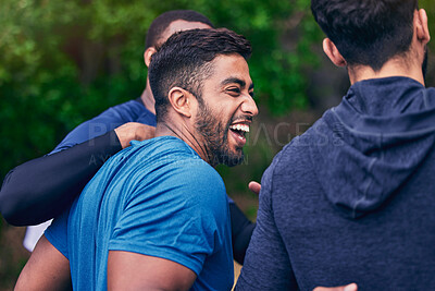 Buy stock photo Happy, men and friends laughing for fitness, workout and running outdoor with a smile. Exercise, training and sports with funny joke and comedy together in nature with an Indian man with wellness
