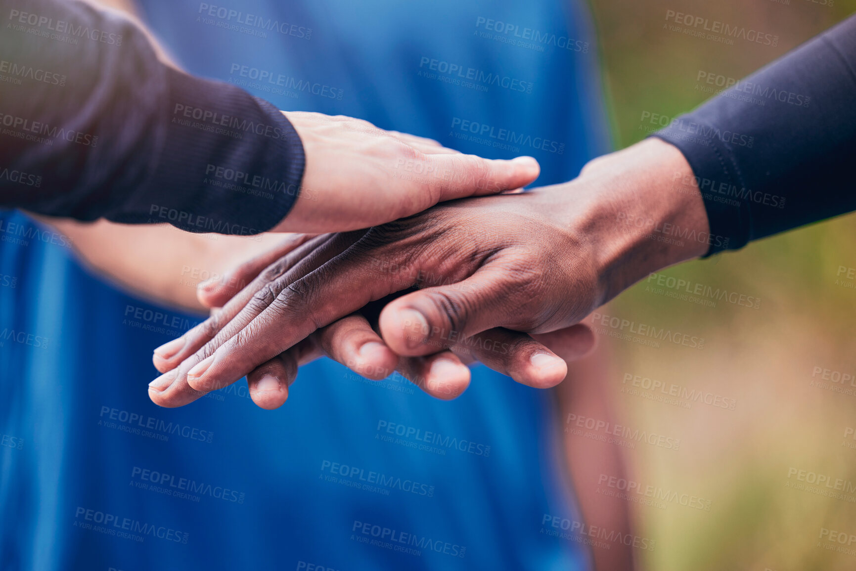 Buy stock photo Fitness, hands and men in a park for training, goal and exercise motivation closeup. Friends, zoom and fingers of sports, people and workout deal in nature with team support, mission or celebration