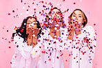 Blow, friends and women in studio with confetti for celebration, underwear sale and discount. Beauty, diversity and female people on pink background for cosmetics, natural skincare and body positive