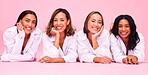 Portrait, smile and lingerie with woman friends on a pink background in studio for natural skincare. Diversity, beauty and wellness with a female model group posing for health, inclusion or cosmetics