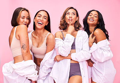 Buy stock photo Beauty, underwear and portrait of happy women on pink background for wellness, skincare and cosmetics. Friends, diversity and people in studio for natural glamour, body positivity and self love
