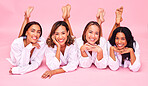 Portrait, smile and lingerie with model friends on a pink background in studio for natural skincare. Diversity, beauty and wellness with a group of women posing for health, inclusion or cosmetics