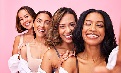 Buy stock photo Selfie, beauty and lingerie with model friends on a pink background in studio for natural skincare. Diversity, health and smile with the portrait of a group of women posing for wellness or inclusion