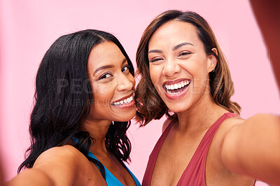 Buy stock photo Portrait, fashion and selfie of women friends in studio isolated on a pink background. Face, happy and girls in profile picture, excited and bonding together on social media of stylish influencer