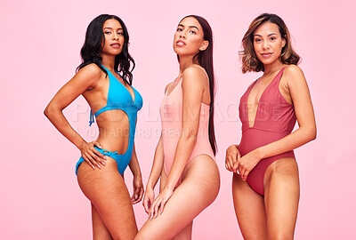 Buy stock photo Swimwear, bikini and portrait of women on pink background for summer fashion, style and self love. Beauty, friends and group of people in bathing suit for body positivity and diversity in studio