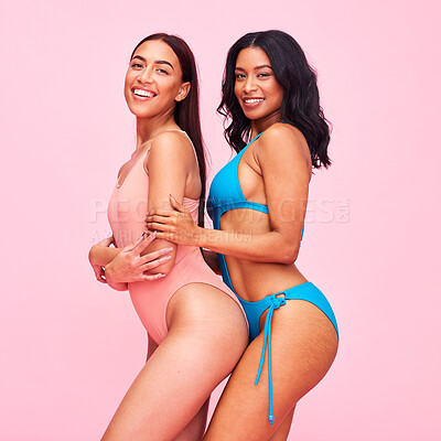 Buy stock photo Portrait, smile and women with body positivity, swimwear and luxury on a pink studio background. Support, models and girls with wellness, bikini and friends with health, natural beauty and fitness