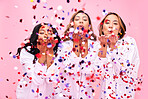 Blow, confetti and portrait of women in studio for celebration, underwear sale and discount. Beauty, diversity and female people on pink background for cosmetics, natural skincare and wellness