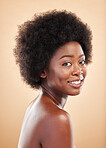 Black woman, face and beauty portrait in studio for skin care, dermatology and natural glow. Smile of a happy African model person with afro hair, cosmetics and self love on a beige background