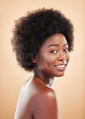 Buy stock photo Black woman, face and beauty portrait in studio for skin care, dermatology and natural glow. Smile of a happy African model person with afro hair, cosmetics and self love on a beige background