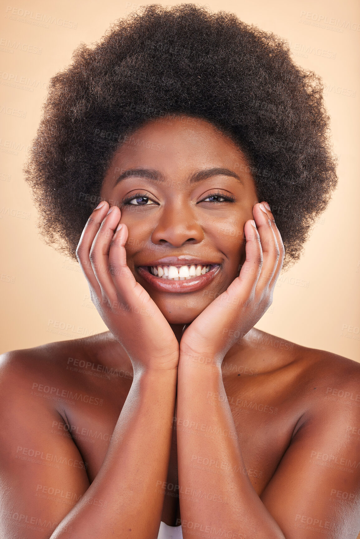 Buy stock photo Natural woman, face and beauty portrait in studio with skin care, dermatology and glow. A happy African model person with afro, cosmetics and self love for wellness and health on a beige background