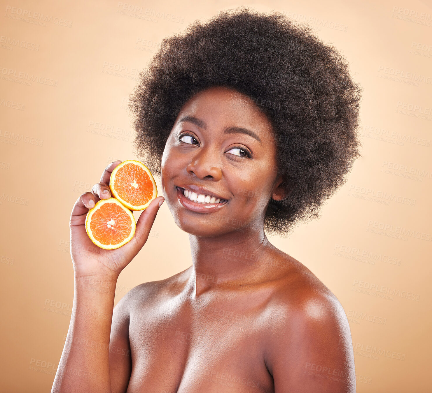 Buy stock photo Orange, natural skincare and woman on studio background for healthy cosmetics, vegan benefits or nutrition. Happy african beauty model thinking of citrus fruits for vitamin c, diet or eco dermatology