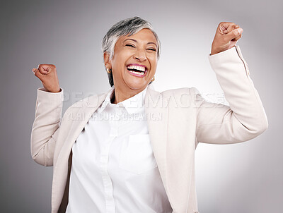 Buy stock photo Strong, laughing and portrait of a woman on a studio background for a professional career. Happy, funny and a mature manager or employee showing power, muscle or confidence isolated on a backdrop