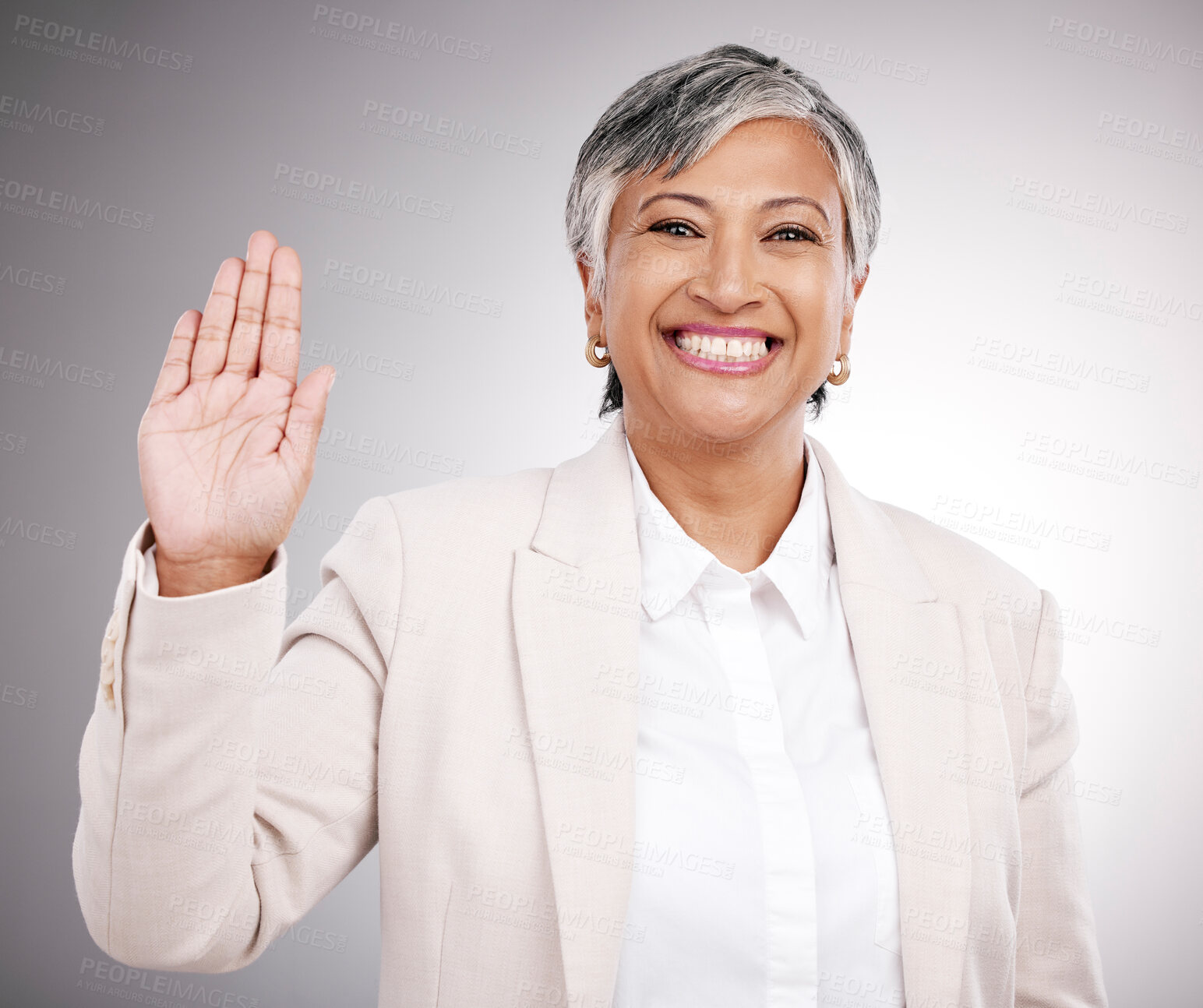 Buy stock photo Smile, wave and portrait of a woman on a studio background for hello, welcome or a pledge. Happy, mature and a corporate manager or person with a hand for greeting or thank you on a backdrop