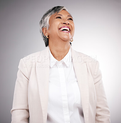 Buy stock photo Laughing, thinking and a woman for business on a studio background with a corporate vision. Happy, mature and a female manager or employee with an idea for a professional career on a backdrop