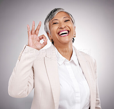 Buy stock photo Business woman, happy and okay sign, success and support or like for Human Resources in studio portrait.  Mature HR person or professional indian manager with yes emoji or excited on white background