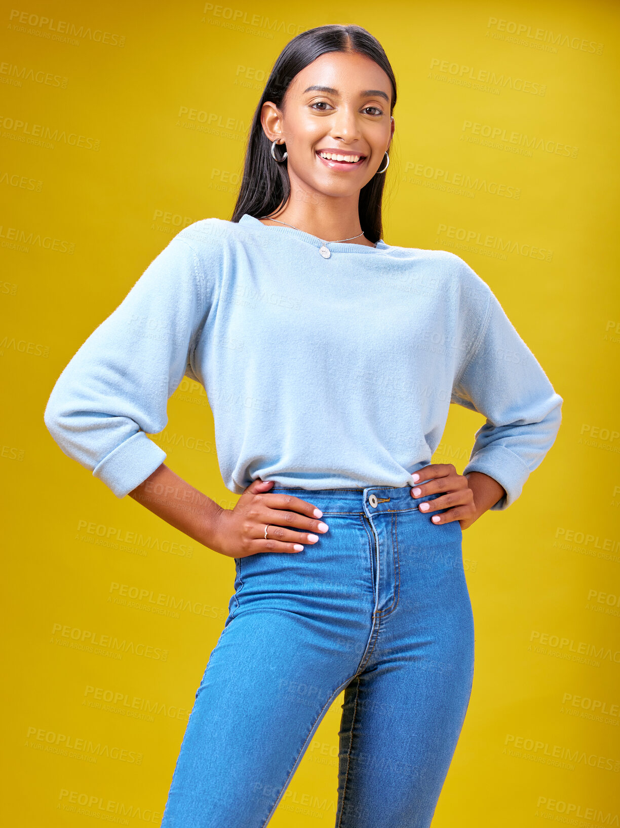 Buy stock photo Smile, young and student with portrait of woman in studio for future, pride and happy. Youth, confident and college with Indian person on yellow background for fashion, learning and trendy style