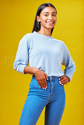 Buy stock photo Smile, fashion and student with portrait of woman in studio for future, pride and happy. Youth, confident and college with Indian person on yellow background for future, learning and trendy style