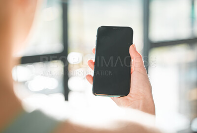 Buy stock photo Woman, hand and phone mockup in advertising, social media or online communication at home. Closeup of female person with mobile smartphone app, display or screen for research, texting or networking