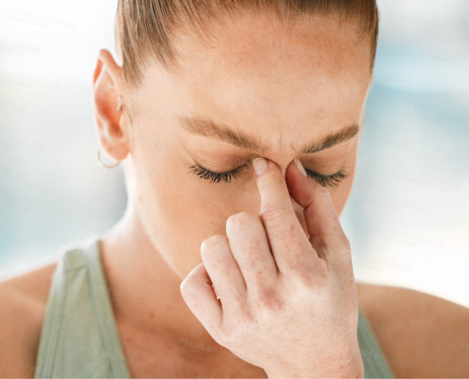 Buy stock photo Stress, headache or face of woman at gym for fitness, exercise or workout challenge with anxiety. Tired, hand or sick athlete with migraine, sports injury or head pain frustrated by training problem