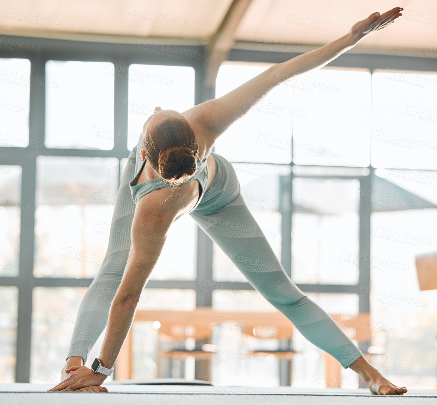 Buy stock photo Wellness, gym or woman stretching body or ready to start gymnastics performance in yoga training. Fitness warm up, extended triangle pose or flexible girl in workout, practice or exercise in Texas