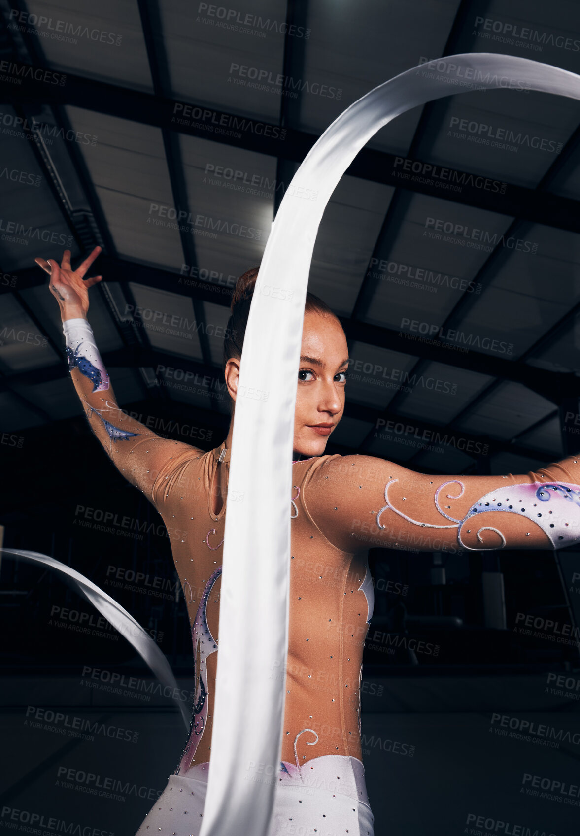 Buy stock photo Woman, portrait and ribbon gymnastics in dance competition, performance and concert in dark arena. Elegant dancer, rhythm and athlete training with talent for creative movement, contest and skill 