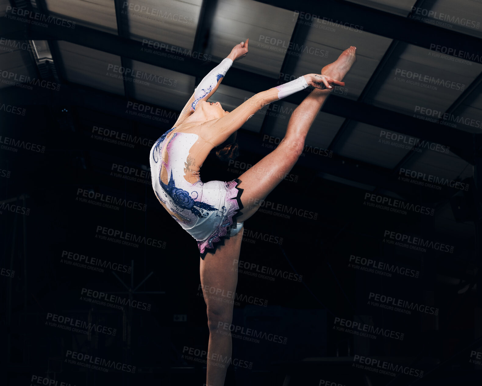 Buy stock photo Fitness, stretching and performance with a dance woman in a gym for training or practice for a competition. Exercise, event and form with a female gymnastic or rhythmic dancer in a workout studio