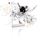 Tablet, karate and fitness app with a man on a screen in studio isolated on a white background. Sports, training for self defense and color splash with a male athlete in a technology display