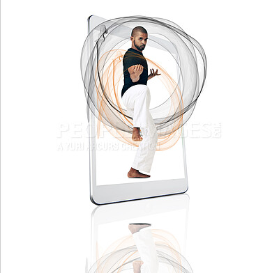 Buy stock photo Tablet, portrait and fitness app with a karate man on a screen in studio isolated on a white background. Technology, workout for self defense and vaporwave with a male athlete in a digital display