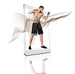 Tablet, fitness app and a fighter man on screen in studio isolated on a white background for virtual training. Sports, exercise and workout for self defense with a male athlete on a digital display