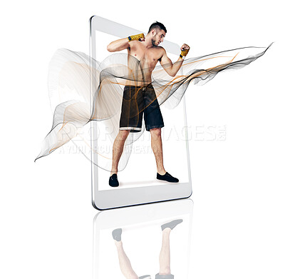 Buy stock photo Tablet, fitness app and a fighter man on screen in studio isolated on a white background for virtual training. Sports, exercise and workout for self defense with a male athlete on a digital display