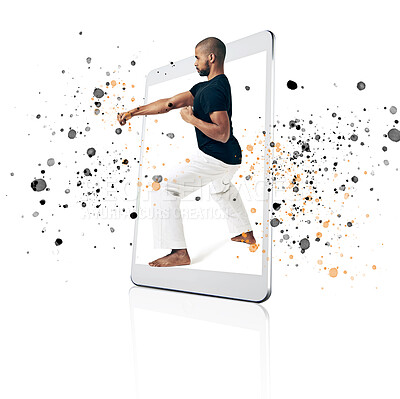 Buy stock photo Tablet, karate and fitness app with a fighter man on a screen in studio isolated on a white background. Technology, training for self defense and color splash with a male athlete in a digital display