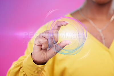 Buy stock photo Hand, woman or technology with connection, sound wave or hologram with metaverse, futuristic or equalizer on pink studio background. Holographic, future or model with closeup, person or color motions