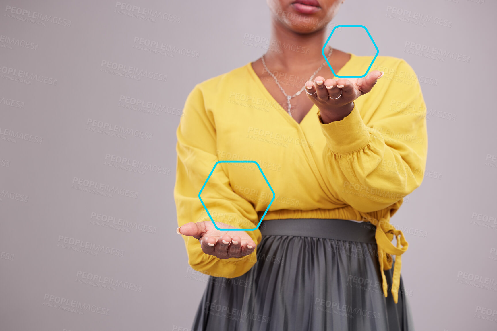 Buy stock photo Hexagon graphic, technology and hands on a studio background for digital connection. Pattern, closeup and a person with a hexagon in palm for networking, business or futuristic isolated on a backdrop