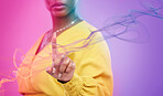 Woman hands, press and screen or hologram for biometric information, network and information technology on neon background. Person or worker fingerprint, creative overlay and internet speed in studio