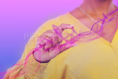 Buy stock photo Hand, vaporwave and 3D with a user closeup on a purple background in studio to access the metaverse. AI, future and overlay with a person touching neon smoke on a holographic dashboard for innovation