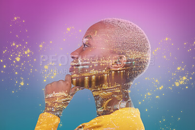 Buy stock photo Profile, metaverse and thinking with a black woman on a double exposure background in studio for digital access. AI, future and connection to virtual reality with a young person on a neon backdrop