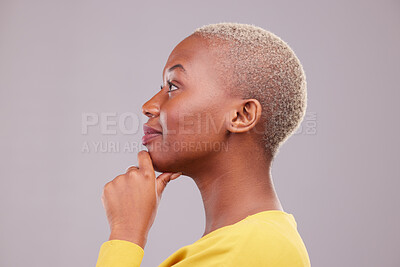 Buy stock photo Thinking, smile and side profile of a black woman on a studio background for planning or vision. Happy, relax and face of an African girl or person with an idea, solution or knowledge on a backdrop