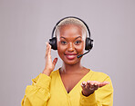 Woman, call center and hand offer, questions or presentation for communication, support or helping in studio. Consultant, agent or african person in portrait and giving advice on a white background