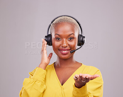 Buy stock photo Woman, call center and hand offer, questions or presentation for communication, support or helping in studio. Consultant, agent or african person in portrait and giving advice on a white background