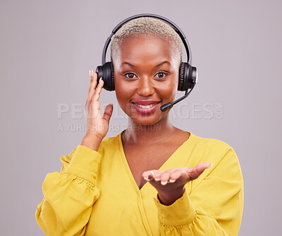 Buy stock photo Woman, call center and hand presentation, offer or questions for communication faq, support or helping in studio. Consultant, agent portrait or african person giving advice on a white background