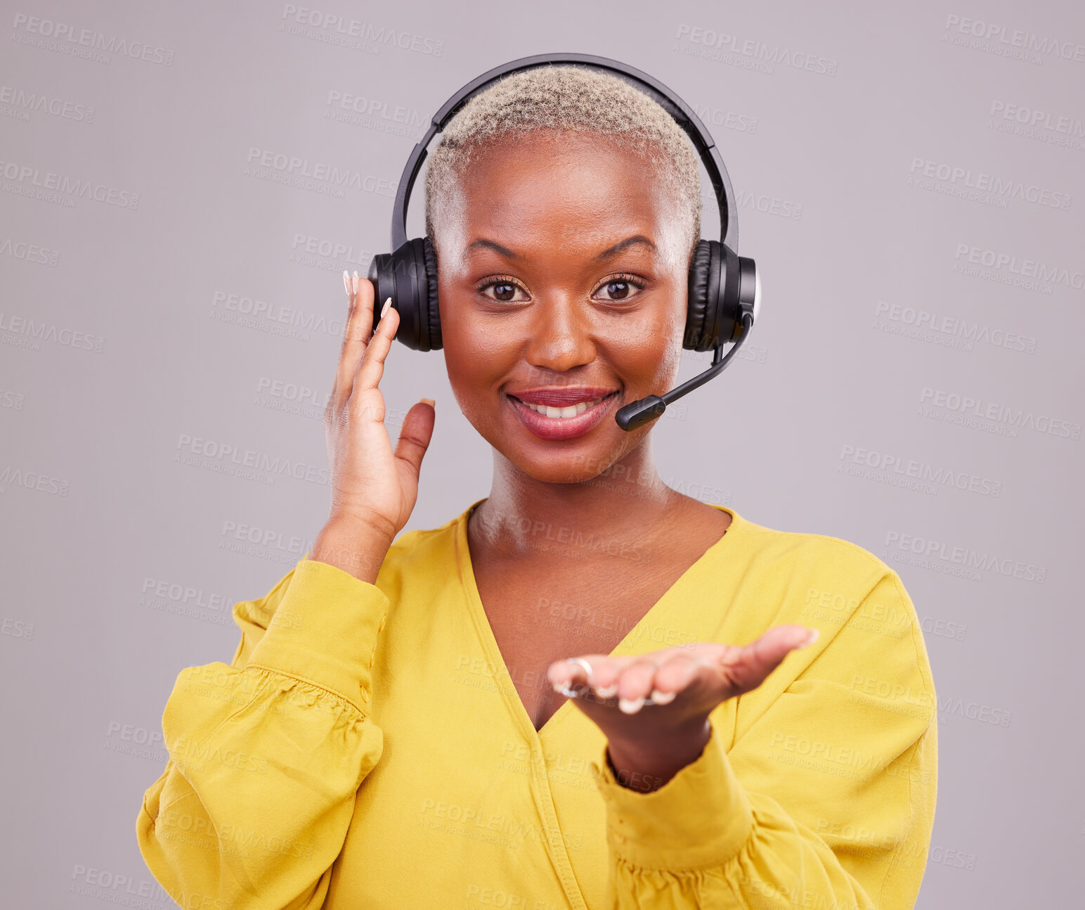 Buy stock photo Woman, call center and hand presentation, offer or questions for communication faq, support or helping in studio. Consultant, agent portrait or african person giving advice on a white background