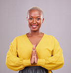 Woman, prayer hands and portrait in faith, religion and hope or thank you for career opportunity on studio background. Christian or african person namaste, gratitude emoji and happy for ngo business