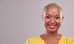 Happy, beauty and portrait of black woman in studio with glow, cosmetic or makeup routine. Happiness, smile and headshot of African female model with cosmetology by gray background with mockup space.