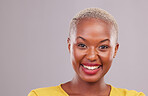 Happy, smile and portrait of black woman in a studio with beauty, cosmetic or makeup face routine. Happiness, excited and headshot portrait of African female model with cosmetology by gray background