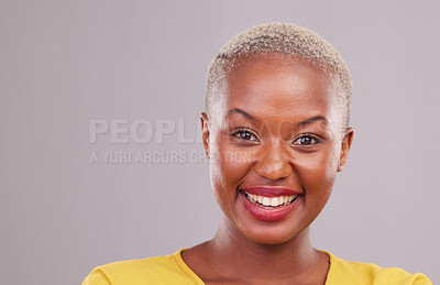 Buy stock photo Happy, smile and portrait of black woman in a studio with beauty, cosmetic or makeup face routine. Happiness, excited and headshot portrait of African female model with cosmetology by gray background