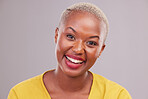 Cosmetic, smile and portrait of black woman in a studio with beauty, glow or makeup face routine. Happy, excited and headshot of young African female model with facial cosmetology by gray background.